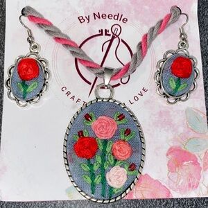 Needles Floral Embroidered Earrings - Red, Pink, Green